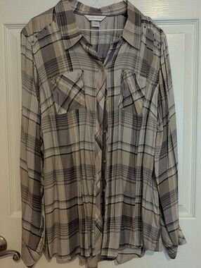 Christopher & Banks Taupe and Cream Plaid Button-Up